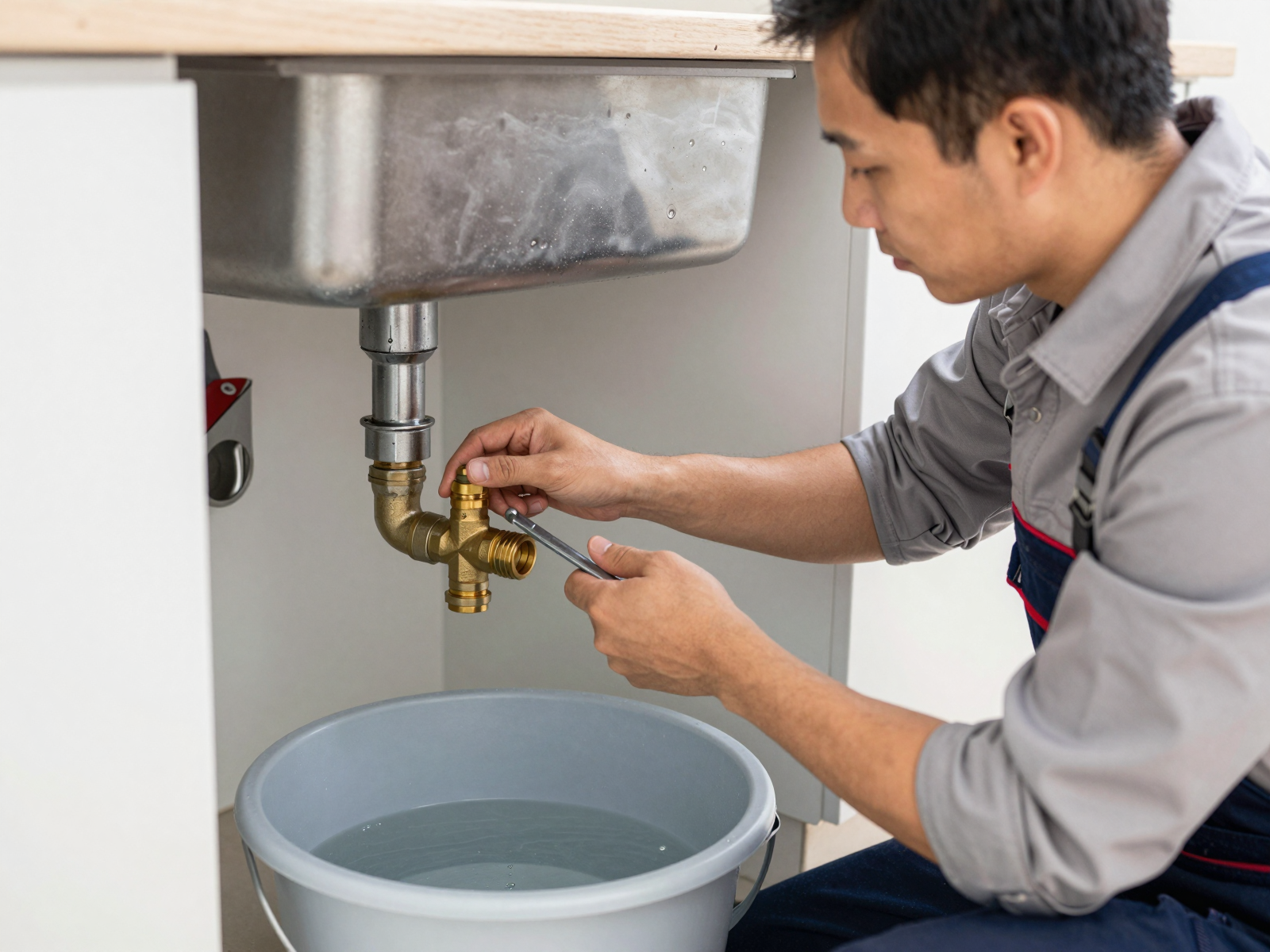 Plumber working on a kitchen sink repair with pipe wrench